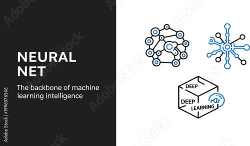 Neural network concept with deep learning icons.