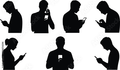 Silhouette collection of diverse people using smartphones in everyday postures, modern technology lifestyle concept emphasizing digital communication and mobile interactionSilhouette collection  