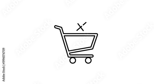 Shopping cart icon with a cross symbol, representing an empty or unavailable cart, e-commerce concept.