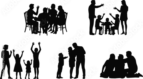 Silhouette family and children interacting, teaching, learning, playing, sharing conversation, teamwork moments, group communication, social bonding, unity together