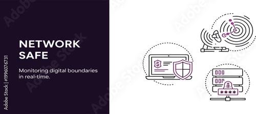 Network safe monitoring digital boundaries in realtime with laptop shield server icons