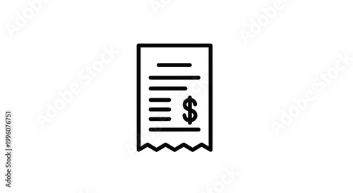 Simple black and white icon of a receipt with a dollar sign, representing finance and shopping.