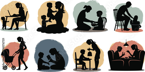 Silhouette illustration of caregiver with child in daily life activities, showing parenting, nurturing, teaching, bonding, and family lifestyle moments