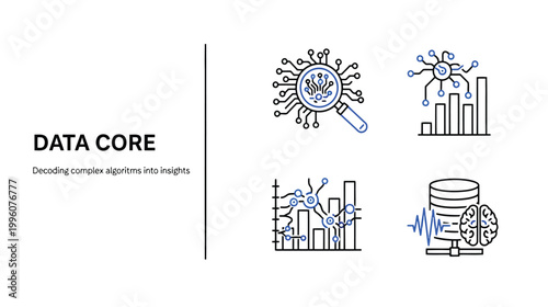 Vector illustrations of data core concepts with graphs and algorithms