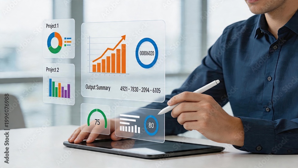 Obraz premium Businessman interacting with holographic dashboard displaying financial charts on tablet digital transformation data analytics interface modern office technology workspace