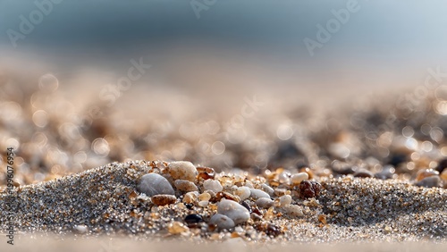 Macro beach sand grains with tiny pebbles and shallow depth of field. Coastal texture background for natural and abstract design use
