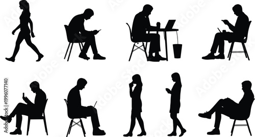 Silhouette people walking, sitting, using phones, laptops, commuting, modern lifestyle, technology habits, social interaction, everyday communication, urban activity moments