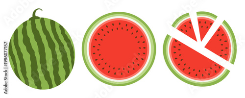 Set of whole and sliced watermelon top view. Vector illustration of fresh summer fruit isolated on white.