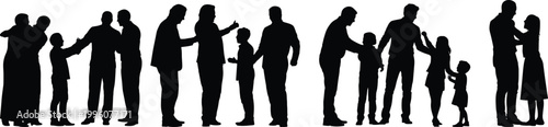 Silhouettes of adults and children interacting, shaking hands, talking, embracing, social connection communication unity vector illustration for stock content