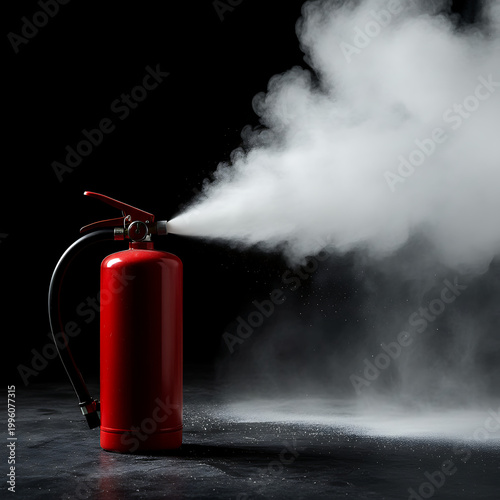 Red fire extinguisher discharges white smoke in dark. Safety device disperses agent against danger. Emergency equipment ready for fire. Urgency and protection concept. Fire Safety / Emergency Response
