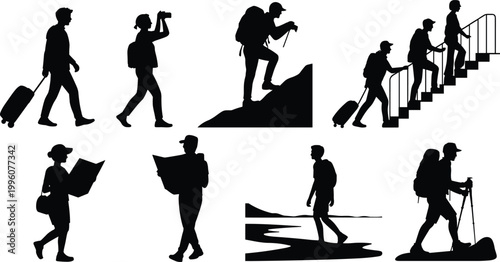 Traveler silhouettes with luggage, hiking, trekking poles, map reading, binoculars, shoreline walking, adventure exploration, outdoor journey vector illustration art