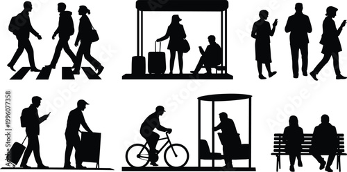 Urban lifestyle silhouettes with walking, waiting, cycling, traveling, mobile phone use, public interaction, transportation, everyday city activity vector illustration art