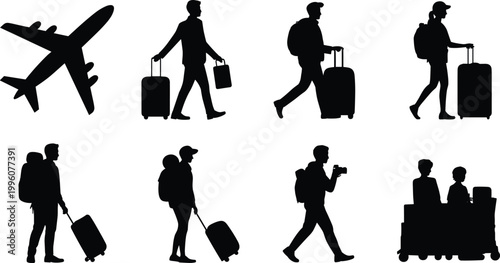 Vector silhouettes of airplane, travelers with luggage, backpacks, cameras, and carts representing diverse modern travel and airport journey experiences
