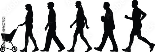 Vector silhouettes of diverse people walking, jogging, pushing stroller, daily life movement activities, lifestyle fitness, urban community illustration design