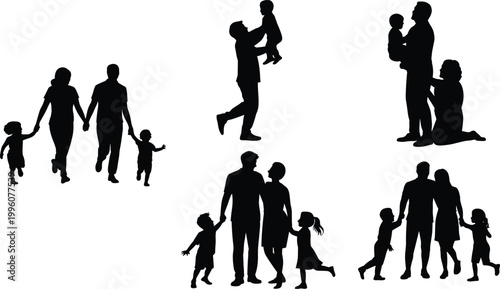 Vector silhouettes of family bonding, parents with children, walking together, lifting child, holding hands, picnic moments, love, unity, and care