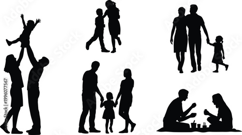 Vector silhouettes of family bonding, parents with children, walking together, lifting child, picnic moments, love, unity, care, and happiness