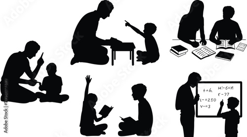 Vector silhouettes of education, teaching, tutoring, learning interaction, children studying with adults, classroom guidance, mentorship, knowledge sharing, and academic growth