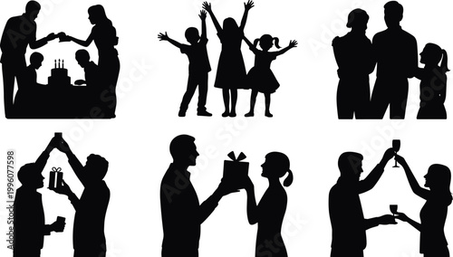 Vector silhouettes of family, children, birthday party, gift exchange, and celebration moments highlighting togetherness, joy, unity, and happiness