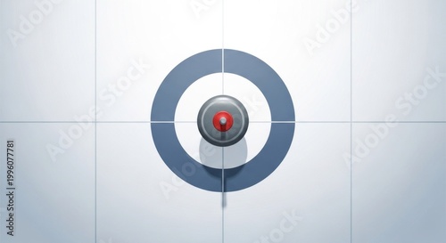 Curling stone centered on the ice sheet with target rings sport equipment.