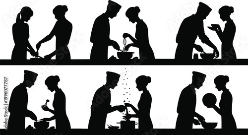 Vector silhouettes of two people cooking together in kitchen, preparing food, teamwork collaboration, culinary activity, chef assistance, and shared lifestyle