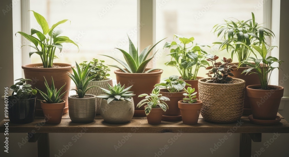 Fototapeta premium Collection of various potted plants arranged on a windowsill indoor gardening.