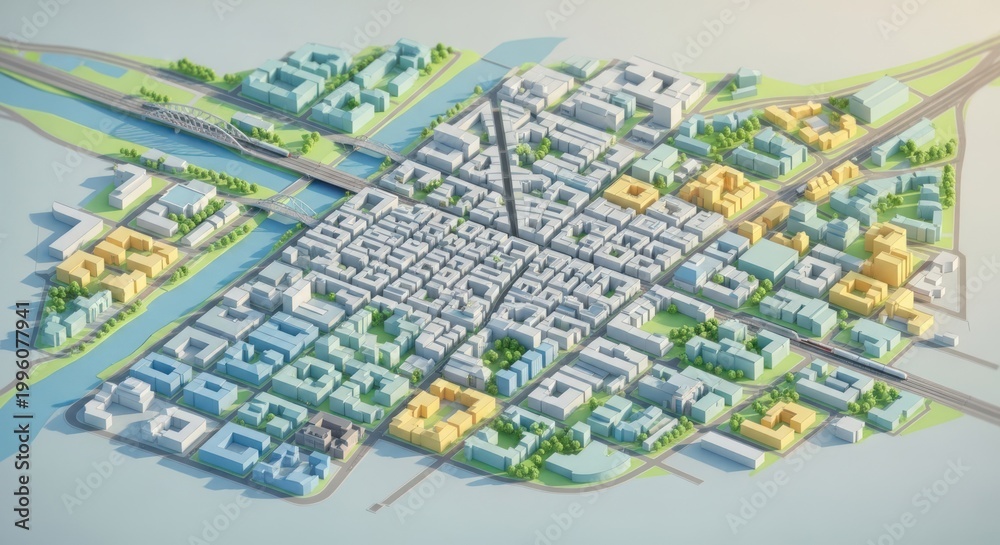 Fototapeta premium Detailed architectural model of a city with buildings roads and a river.