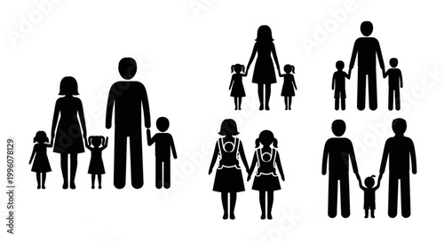 Silhouette of diverse family groups together.