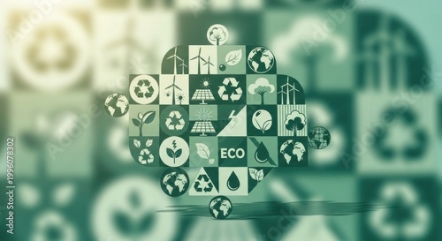 EcoFriendly Icons Arranged in a Circular Pattern on Blurred Background.