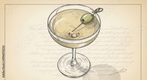 Elegant Martini Cocktail Illustration A Classic Drink with Olive Garnish.