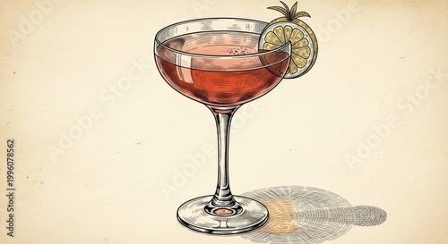 Elegant cocktail illustration with pineapple garnish in coupe glass.