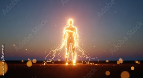 Glowing figure with lightning strikes in surreal landscape at dusk.