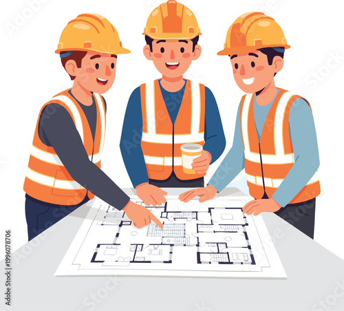 Construction workers collaborating on blueprints, planning and reviewing architectural designs