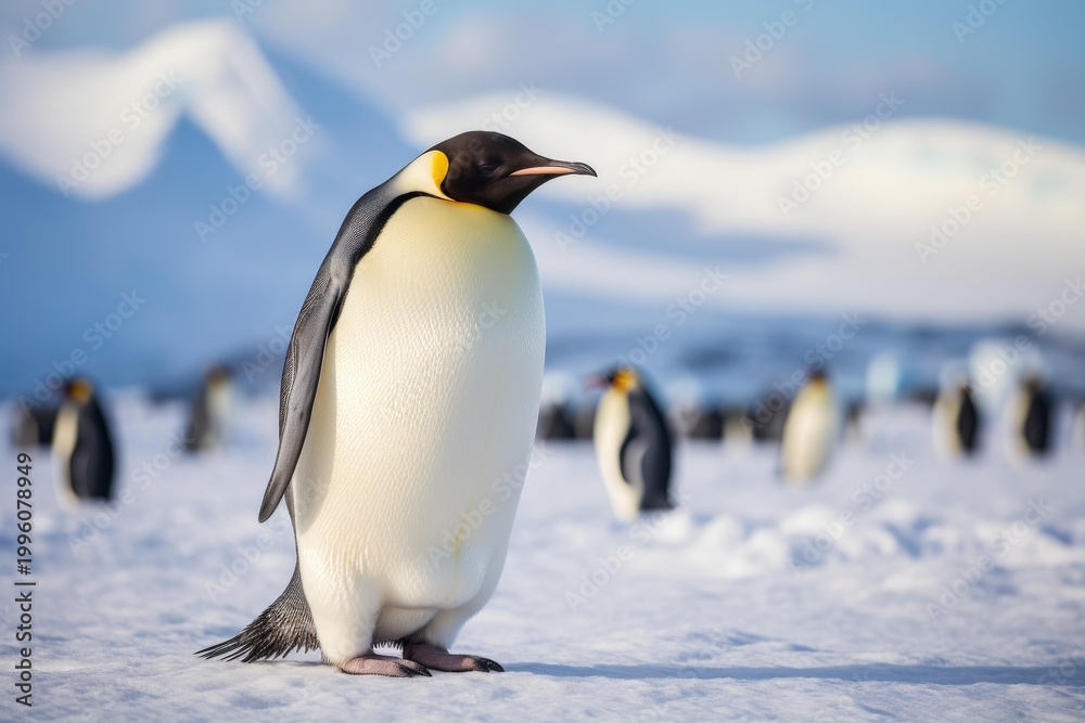 Obraz premium Emperor penguin standing in foreground with other penguins and mountains in the background
