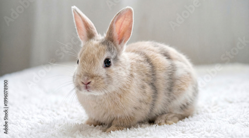 Cute Baby Rabbit with Spotted Fur on Soft Textured Surface