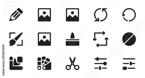 Graphic editor toolbar icons including cropping rotating color palette scissors and brush elements.