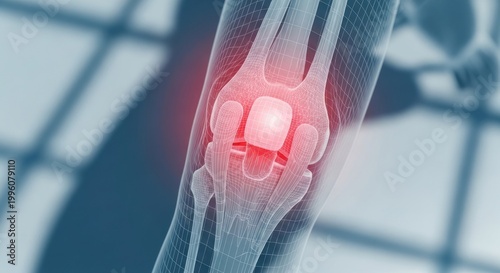 Medical Illustration of a Knee Joint with Highlighted Inflammation and Pain.