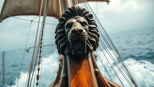 A majestic lion figurehead adorns the prow of a sailing ship, weathered wood against ocean waves.