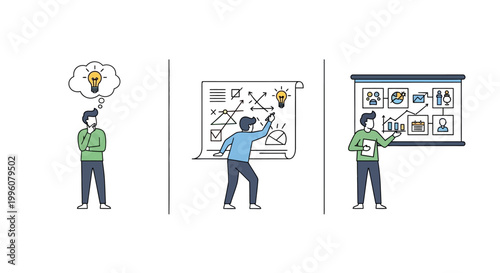 Businessman presenting on whiteboard ideas.