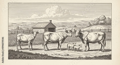 Pastoral Scene with Cows Sheep and Farmhouse in the Background.