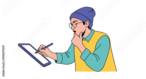 Person wearing glasses thinking deeply.