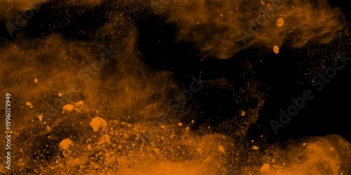 Eerie black background with billowing orange smoke on black background. old style dark orange grunge texture, brush painted . Old and grainy orange paper texture, vector,