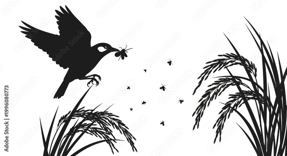 Naklejka premium Bird Flying with Insect in Beak.