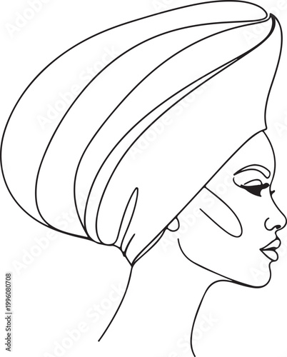 Minimalist line art woman, elegant face, simple head wrap, black and white vector illustration, modern design element