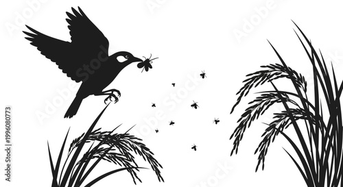 Bird Flying with Insect in Beak.