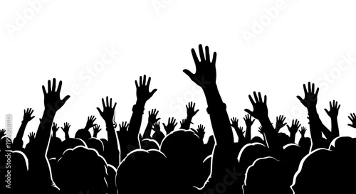 Silhouette of a crowd of people with hands raised
