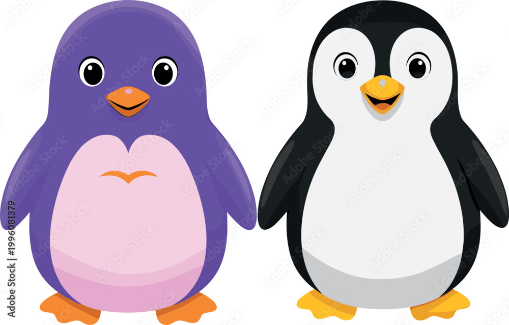 Fototapeta premium Cute Cartoon Penguin Couple with Purple and Black White Characters Smiling on White Background for Kids and Childish Design