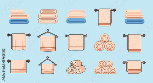 Large collection of bathroom towels in different pastel colors shown in various states such as folded, stacked, rolled, and hanging on wall racks.