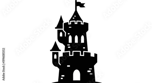 Black silhouette of a medieval castle with towers and flag