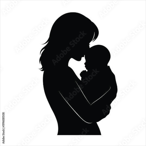 Vector illustration of a black silhouette profile showing a happy pregnant woman and her husband in a romantic embrace, celebrating their family love and future baby with a heart and kiss