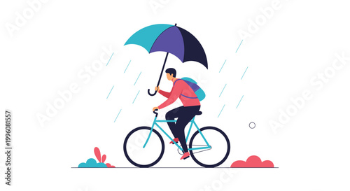 Person riding a bicycle in the rain while holding a colorful umbrella and wearing a backpack against a minimalist white and red background.